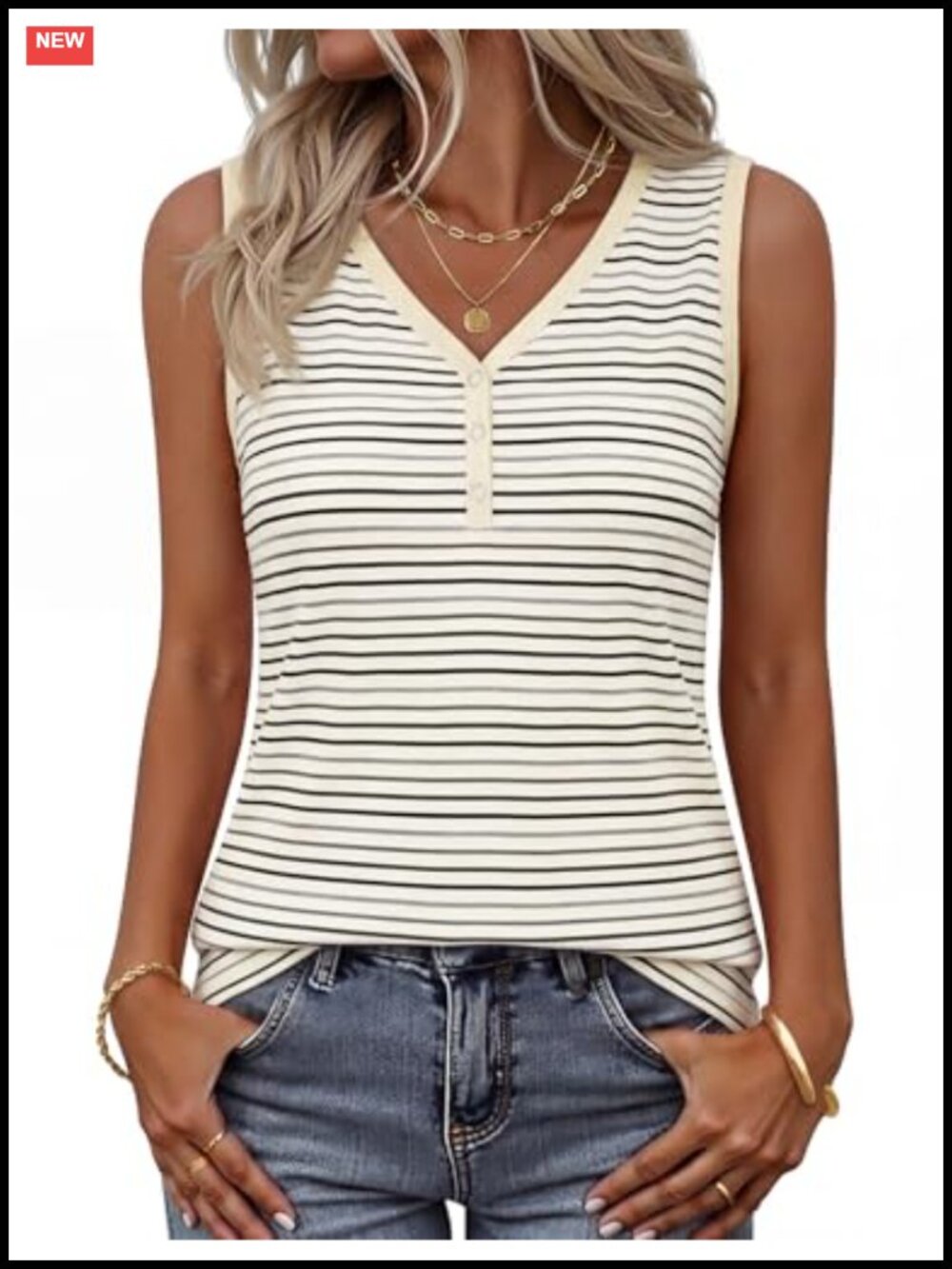 Womens Striped V Neck Sleeveless Henley Tank Top Summer Casual Shirt
